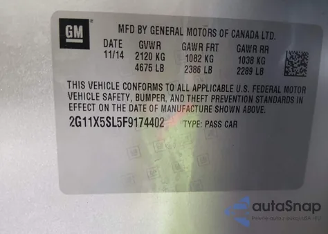 2015 Chevrolet Impala 1Fl from USA, damaged, VIN 2G11X5SL5F9174402